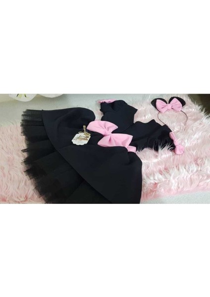 Kız Çocuk Siyah Tüllü Kabarık Elbise Pembe Kemer ve Fiyonk Detaylı fiyatları