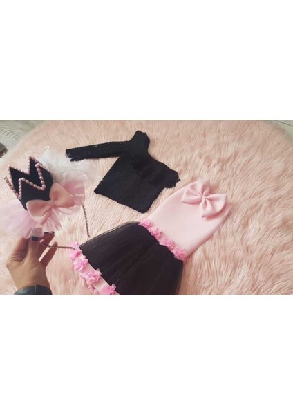 Kız Çocuk Abiye Pembe Tüllü Balık Etek Siyah Dantel Bluz Takım