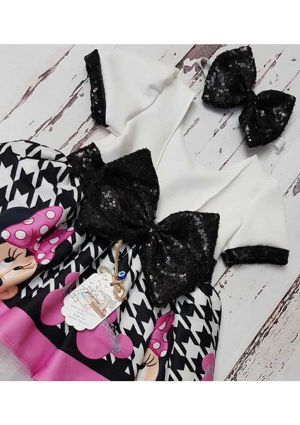 Kız Çocuk Pembe Beyaz Mickey Mouse Kaz Ayağı Desenli Payet Detaylı Tüllü Elbise fiyatları