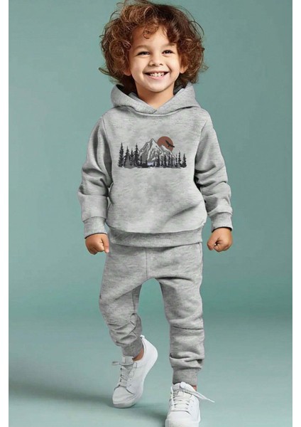 Uygun Tarz Manzara Baskılı Erkek - Kız Rahat Eşofman Takımı