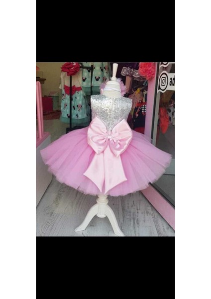 Kız Çocuk Pembe Tüllü Kabarık Gümüş Payetli Elbise