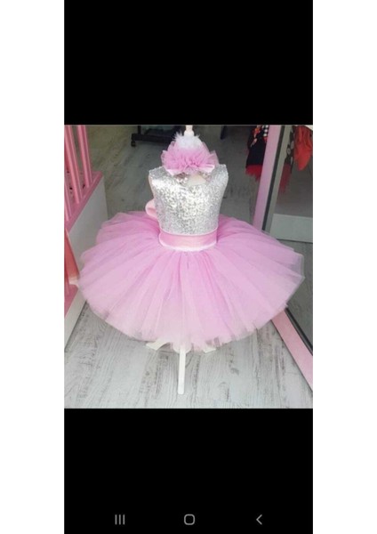Kız Çocuk Pembe Tüllü Kabarık Gümüş Payetli Elbise fiyatları