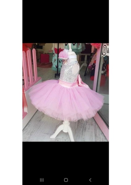 Kız Çocuk Pembe Tüllü Kabarık Gümüş Payetli Elbise modelleri