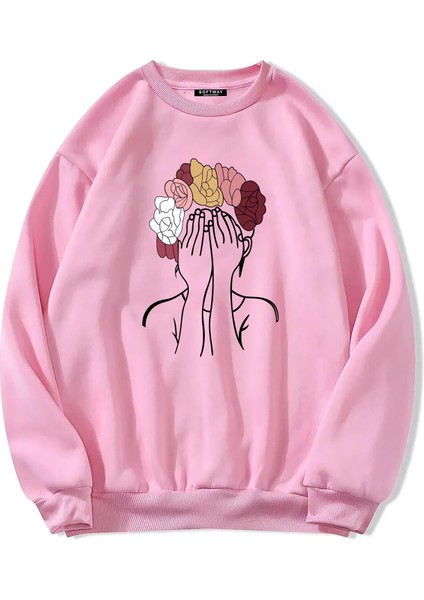 Oversize Bisiklet Yaka Basic Colorful Hair Baskılı Sweatshirt - Pembe