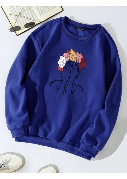 Oversize Bisiklet Yaka Basic Colorful Hair Baskılı Sweatshirt - Saks Mavisi