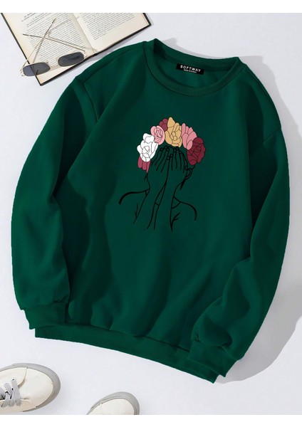 Oversize Bisiklet Yaka Basic Colorful Hair Baskılı Sweatshirt - Koyu Yeşil