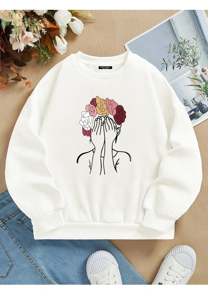 Oversize Bisiklet Yaka Basic Colorful Hair Baskılı Sweatshirt - Ekru