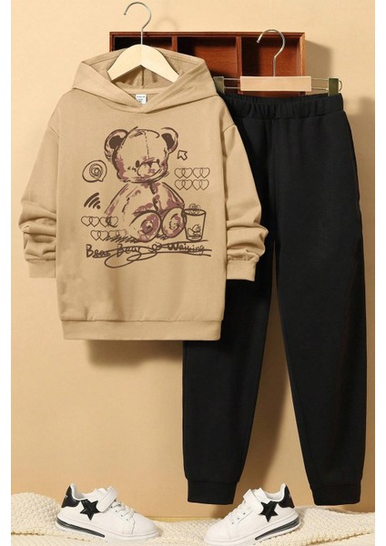 Uygun Tarz Bear Baskılı Erkek - Kız Rahat Eşofman Takımı
