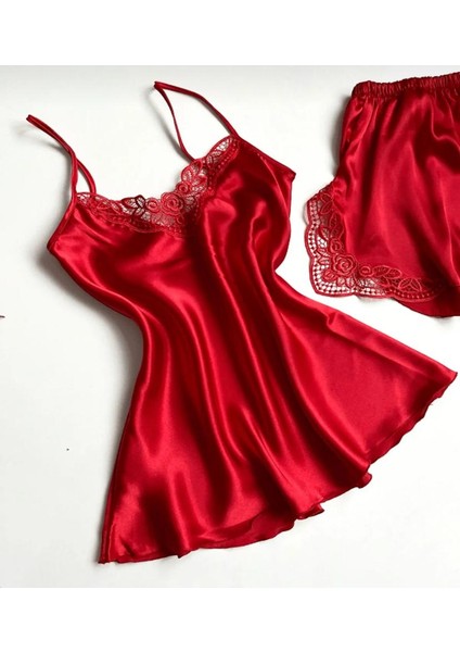 Kırmızı Dantelli Saten Takım