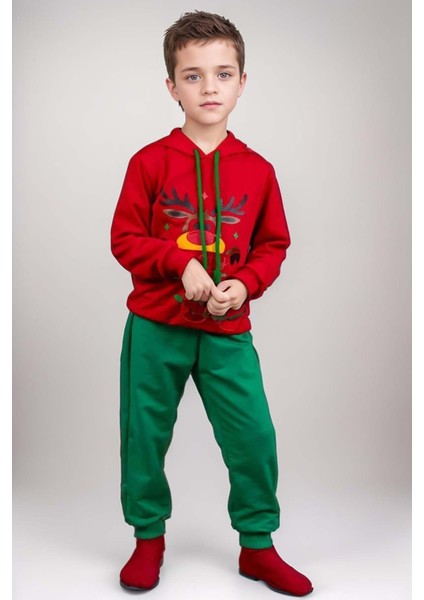 Kız Erkek Merry Christmas ve Geyik Baskılı Yeni Yıl Kırmızı Eşofman Takım
