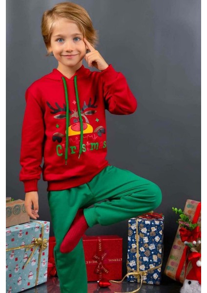 Kız Erkek Merry Christmas ve Geyik Baskılı Yeni Yıl Kırmızı Eşofman Takım fırsatları