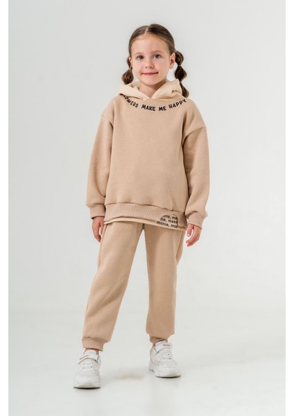 (3-6 Yaş) Lowers Yazılı Kapüşonlu Kışlık Kız çocuk takım - Bej