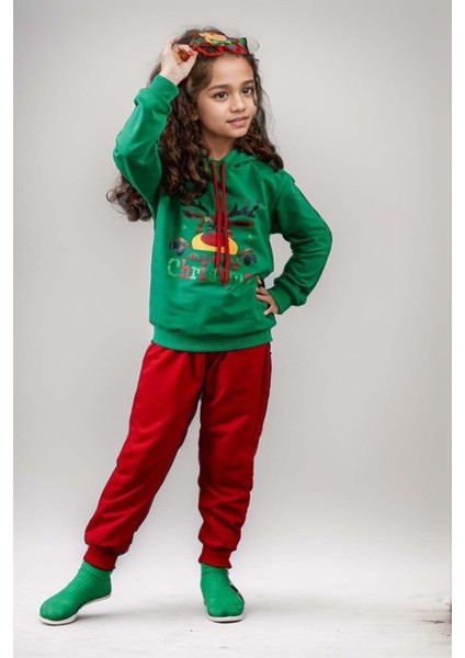 Kız Erkek Merry Christmas ve Geyik Baskılı Yeni Yıl Yeşil Eşofman Takım