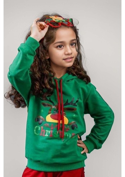 Kız Erkek Merry Christmas ve Geyik Baskılı Yeni Yıl Yeşil Eşofman Takım
