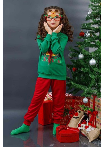 Kız Erkek Merry Christmas ve Geyik Baskılı Yeni Yıl Yeşil Eşofman Takım