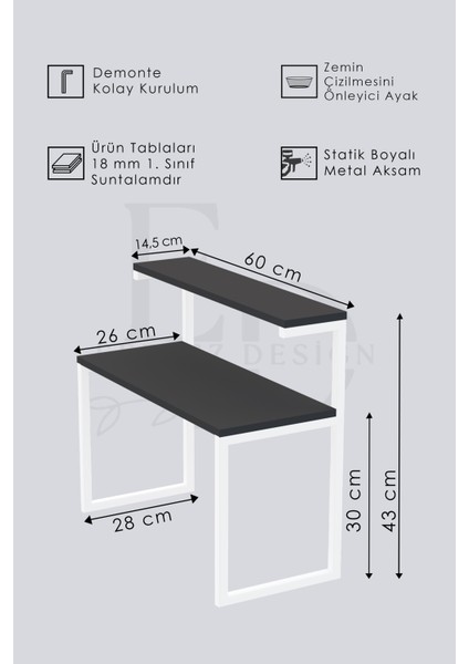 Akik 2 Raflı Metal Çok Amaçlı Mutfak Rafı / Tezgah Üstü Raf Beyaz Metal - Atlantik Çam Tabla