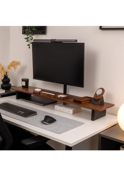 Çift Monitör Masa Rafı, Ahşap Monitör Standı, Monitör Yükseltici, Bilgisayar - Ceviz Standı