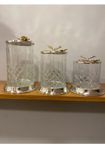 Kavonoz Seti 3'lü Kesme Cam Pirinç Kelebek Model Şeffaf Gümüş