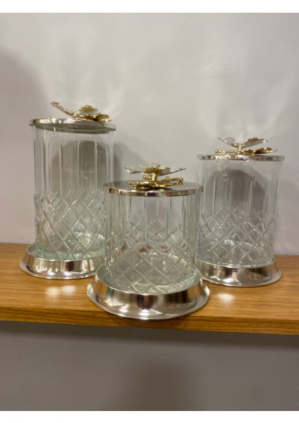 Kavonoz Seti 3'lü Kesme Cam Pirinç Kelebek Model Şeffaf Gümüş modelleri