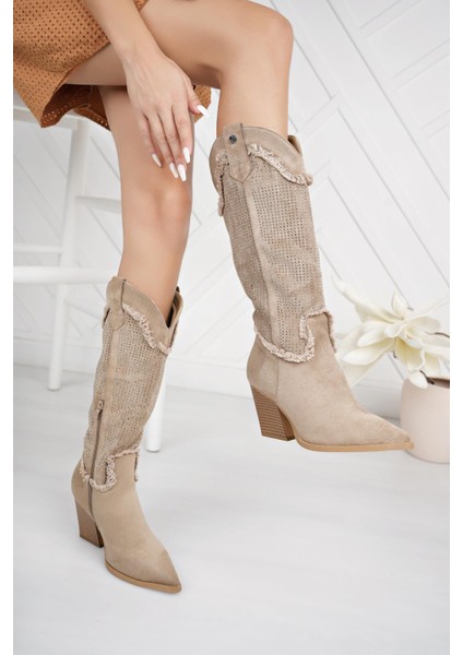 11164 Vizon Süet Yarım Fermuarlı Taşlı Kadın Çizme