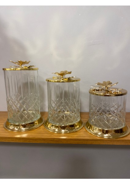 Kavonoz Seti 3'lü Kesme Cam Pirinç Kelebek Model Şeffaf Altın