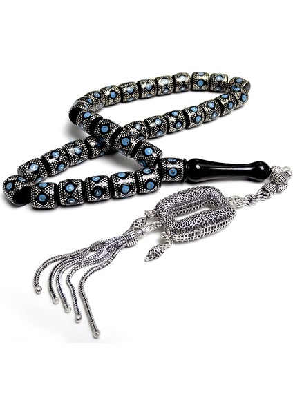 Gümüş ve Firuze İşlemeli Eskitme Kesim Model Oltu Taşı Tesbih