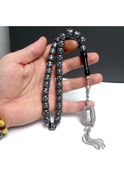 Gümüş ve Firuze İşlemeli Eskitme Kesim Model Oltu Taşı Tesbih fiyatları