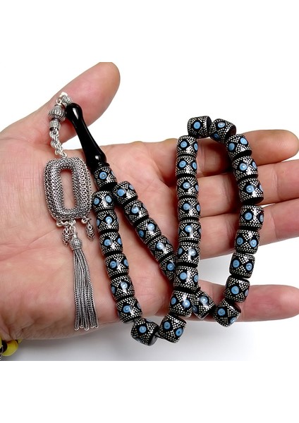 Gümüş ve Firuze İşlemeli Eskitme Kesim Model Oltu Taşı Tesbih modelleri