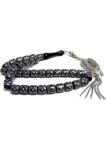 Gümüş ve Firuze İşlemeli Eskitme Kesim Model Oltu Taşı Tesbih fırsatları