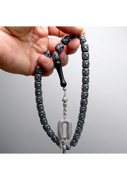 Gümüş ve Firuze İşlemeli Eskitme Kesim Model Oltu Taşı Tesbih indirimleri