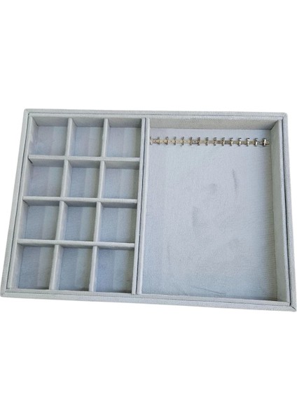 12 Bölmeli ve 15 Li Metal Zincir Askılı Kolye Ucu Küpe Yüzük Servis Tablası Süet Gri