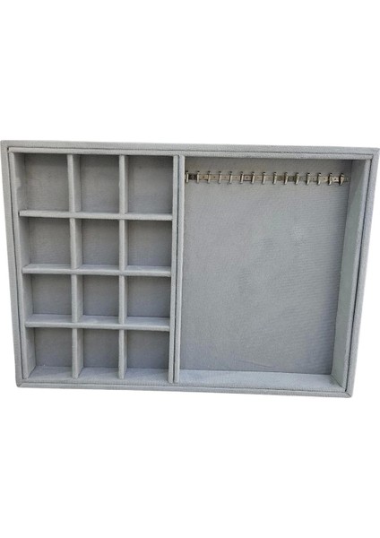 12 Bölmeli ve 15 Li Metal Zincir Askılı Kolye Ucu Küpe Yüzük Servis Tablası Süet Gri