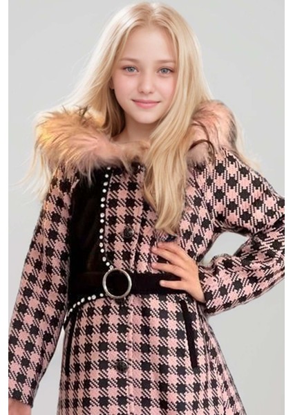 Kız Çocuk Kapüşonlu Peluş Detaylı Kare Desenli Pembe Kaban indirimleri