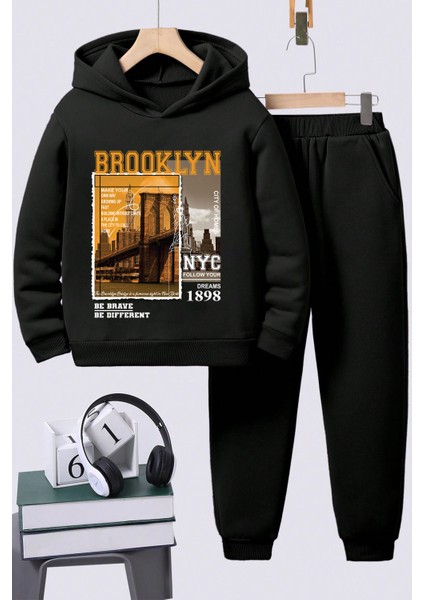 Uygun Tarz Brooklyn Baskılı Erkek - Kız Rahat Eşofman Takımı