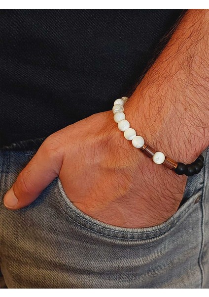 Sedef Beyaz Renk & Oniks Taşı 8mm Tasarım Bileklik Hawaii Model (14345) modelleri