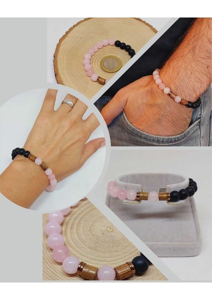 Pembe Kuvars & Oniks Taşı 8mm Tasarım Bileklik Hawaii Model (2958)