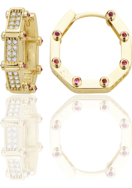 14 Ayar Altın Halka Küpe Zirkon Taşlı Kemerli Huggie Sarı Altın