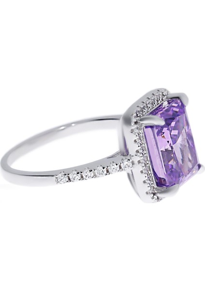 Kadın Mor Dikdörtgen Taşlı Gümüş Yüzük