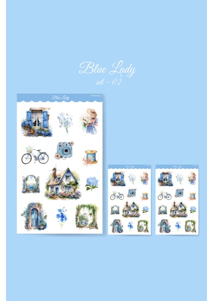 Vintage Blue Lady Sticker Set - 3 Adet - Parlak Kağıt