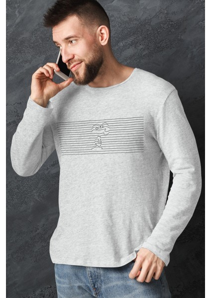 Çizgili Köpek Gri Bisiklet Yaka Uzun Kol Erkek Tişört