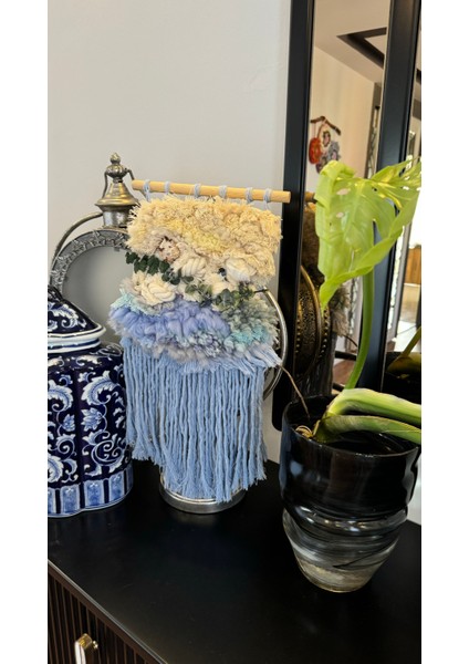 Deniz Çayırı Mavi Okaliptüs Çiçekli Deniz Kabuklu Püsküllü Bohem Doğa Esintili Ev Dekorasyonu