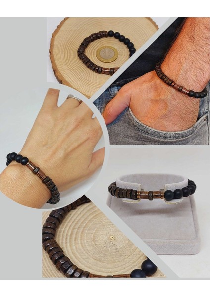 Ahşap Kahverengi Renkli & Oniks Taşı 8mm Tasarım Bileklik Hawaii Model (11127)