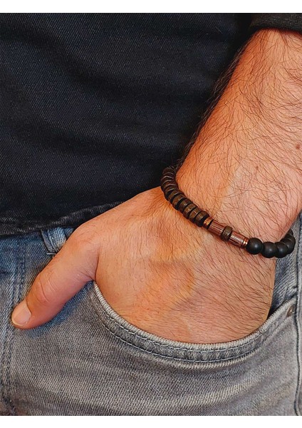 Ahşap Kahverengi Renkli & Oniks Taşı 8mm Tasarım Bileklik Hawaii Model (11127) modelleri