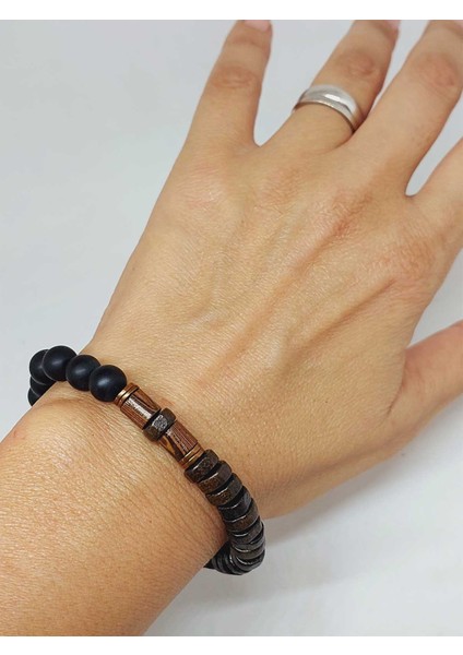 Ahşap Kahverengi Renkli & Oniks Taşı 8mm Tasarım Bileklik Hawaii Model (11127) fırsatları