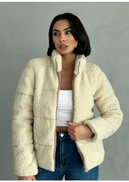 Peluş Kabartma Teddy Kadın Şişme Mont