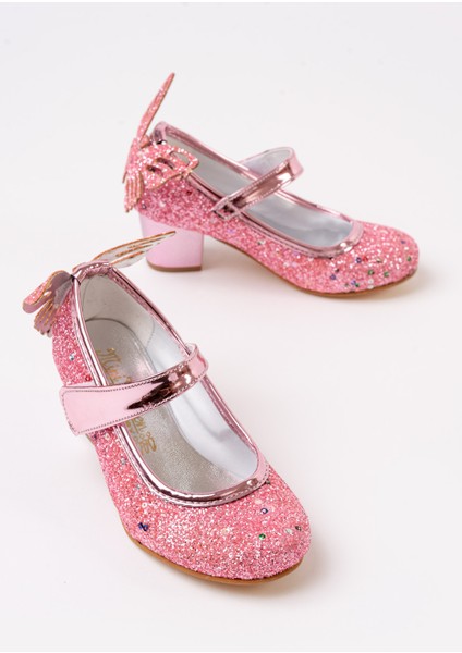 Kız Çocuk Gökkuşağı Kelebekli Topuklu Abiye Ayakkabı