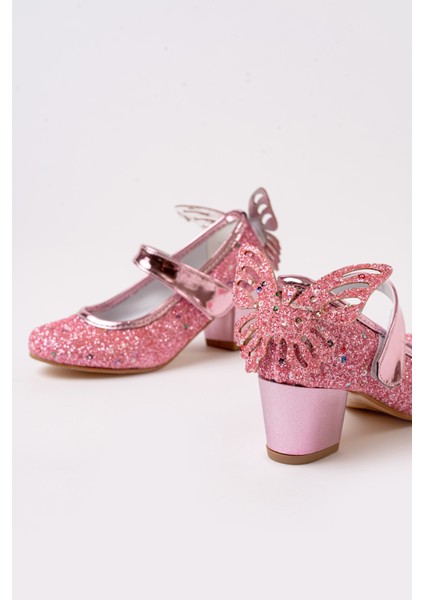 Kız Çocuk Gökkuşağı Kelebekli Topuklu Abiye Ayakkabı modelleri