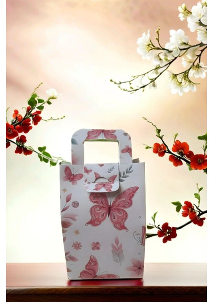 5 Adet Kelebekli Hediye Karton Çanta - Hediye Paketi - Hediye Çantası - Hediye Paketi 10X15 cm