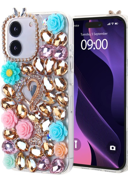 iPhone 12 ve 12 Pro Uyumlu Aynalı ve Güllü Altın Rengi Taş Döşemeli Ultra Premium Koruyucu Kılıf