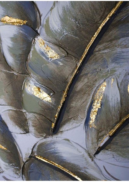 gold-Gri Yaprak Detaylı Model 1 |çerçeveli Temperli Cam Tablo Tekli Dikey